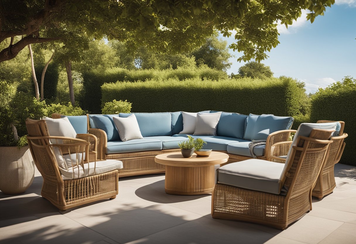 A sunny outdoor setting with a variety of stylish and durable furniture pieces, surrounded by lush greenery and a clear blue sky