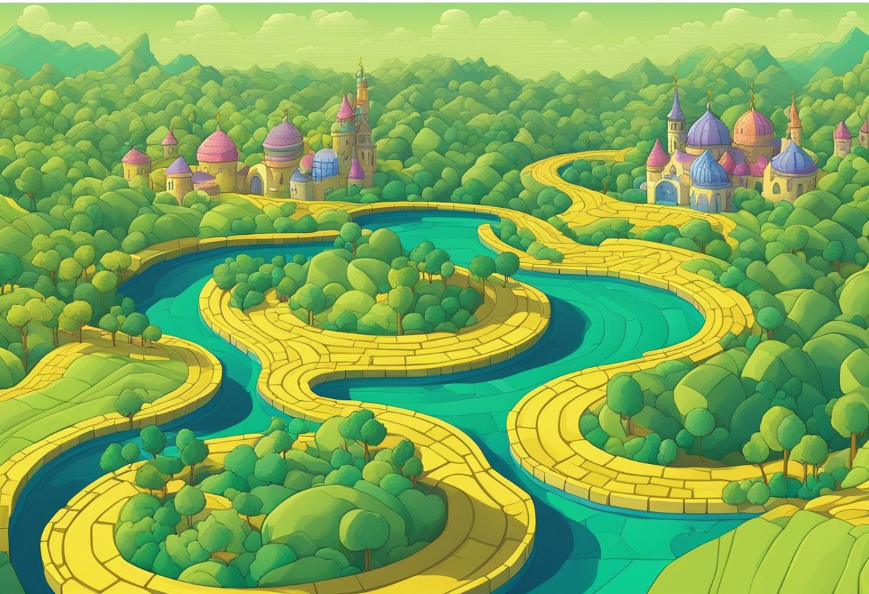 A yellow brick road winding through a colorful, fantastical land with Emerald City in the distance