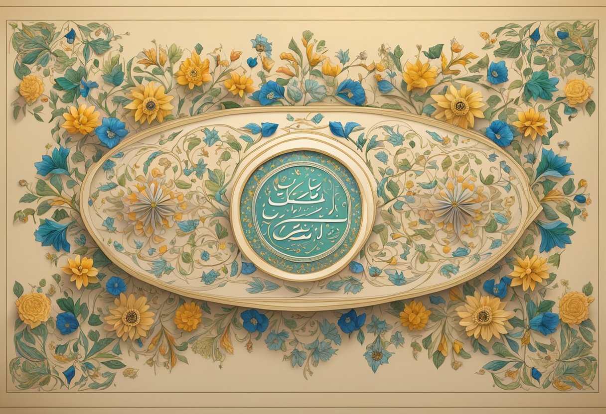 A colorful array of traditional Pakistani baby names written in elegant calligraphy on a piece of parchment, surrounded by delicate floral motifs