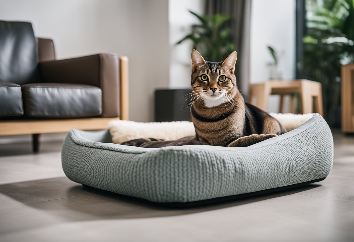 A cozy living room with modern pet furniture in Singapore. A sleek pet bed, scratching post, and stylish feeding station are arranged in the room