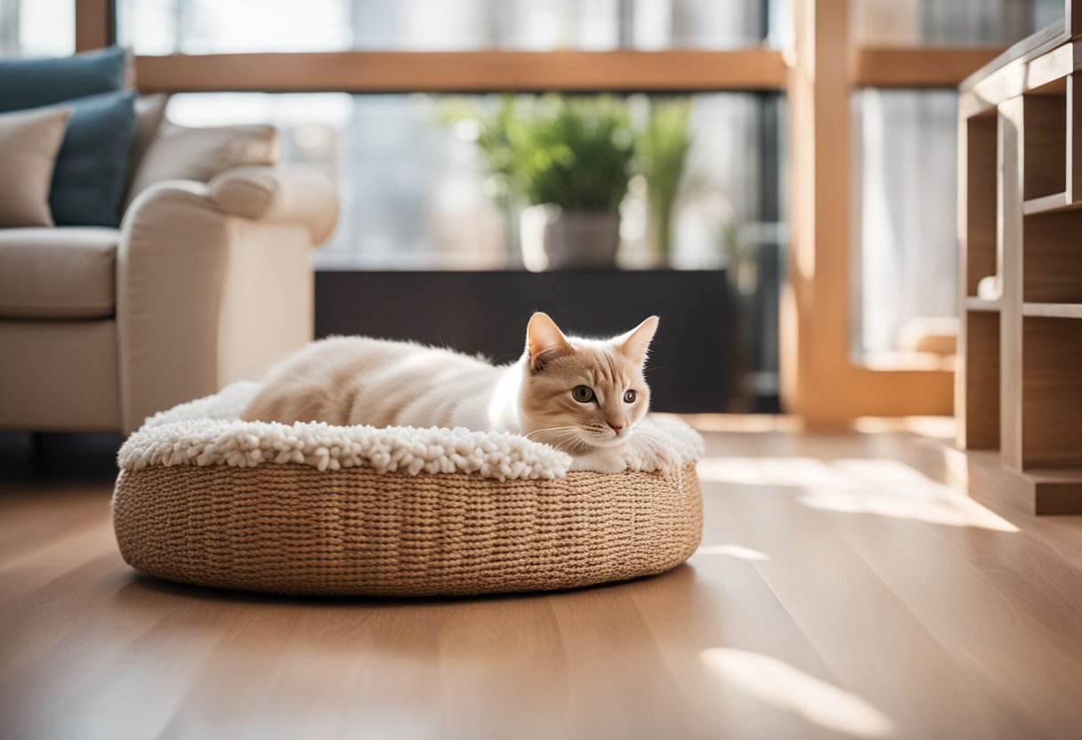 A cozy living room with a stylish pet bed, a scratching post, and a toy basket. Bright natural light streams in from a large window, casting a warm glow on the comfortable space