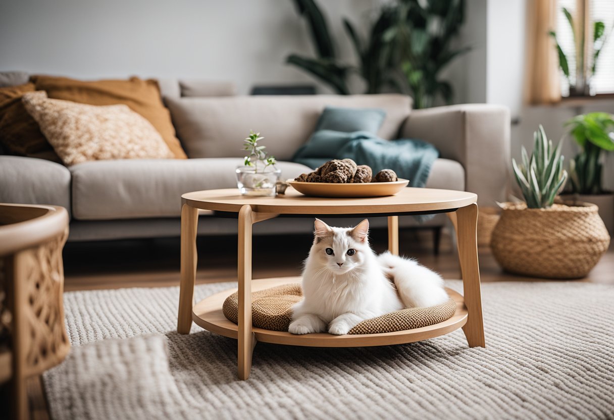 A cozy living room with a variety of stylish pet furniture, including plush beds, scratching posts, and elevated feeding stations
