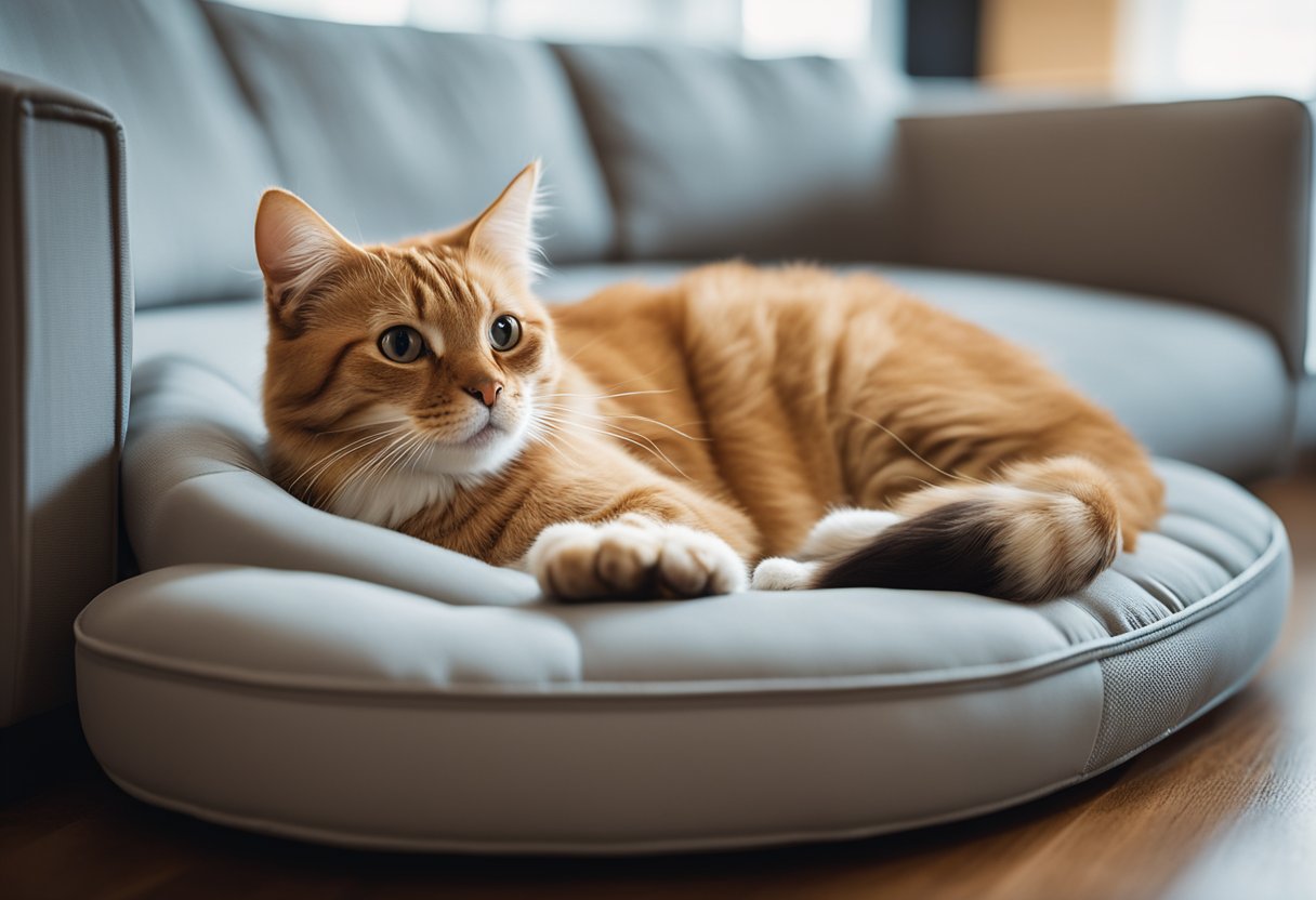 A cat lounges on a sleek, modern pet bed while a small dog rests on a cozy, cushioned sofa. Both pieces of furniture are stylish and functional, fitting seamlessly into a contemporary home setting