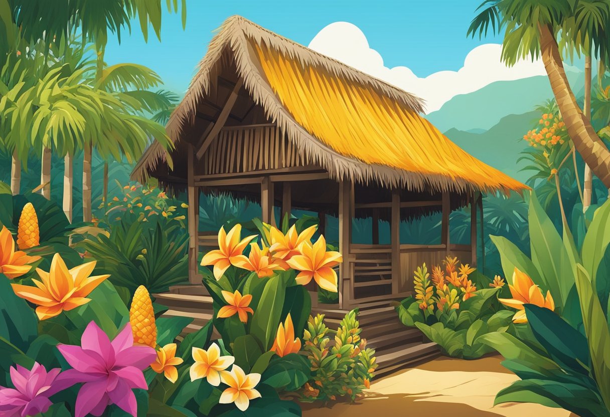 A colorful array of tropical flowers and fruits, like sampaguita and mango, surround a traditional Filipino nipa hut