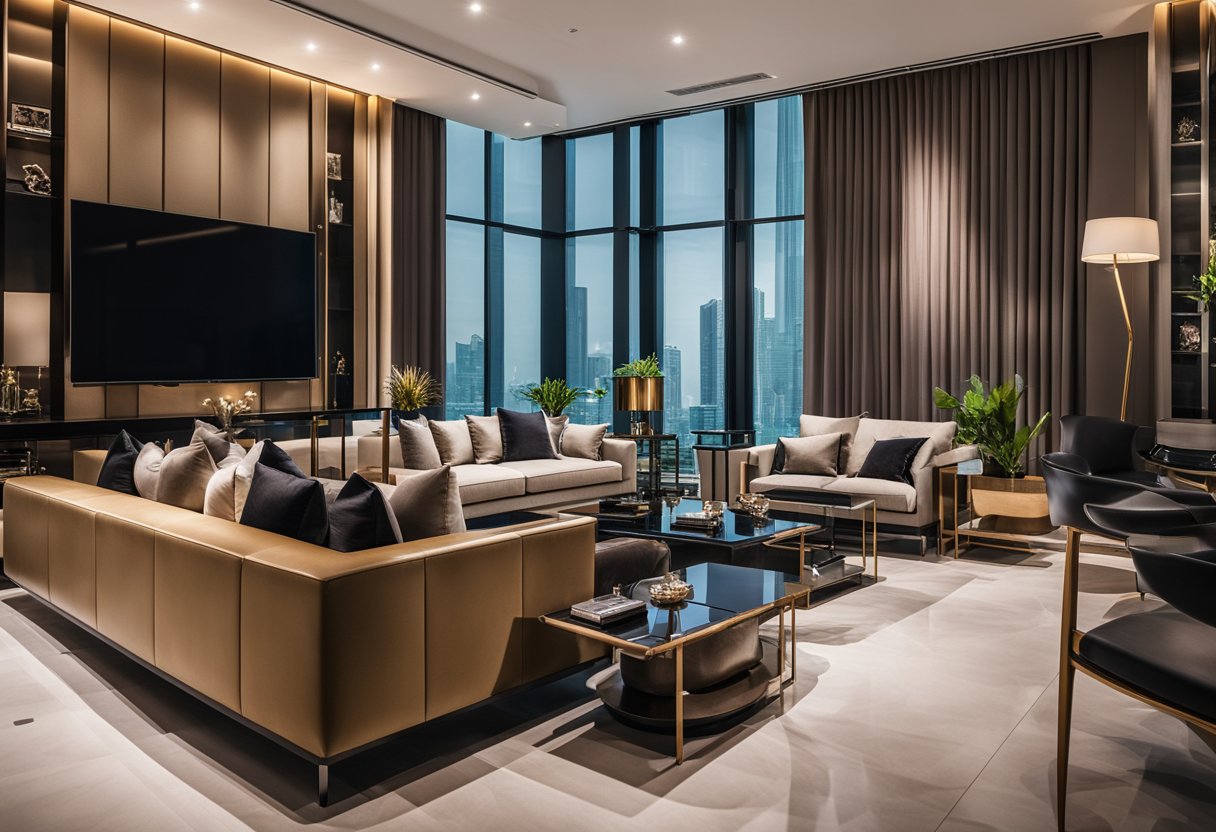 A luxurious living room with modern, high-end furniture in Singapore. Rich textures and elegant designs create a sophisticated and upscale ambiance