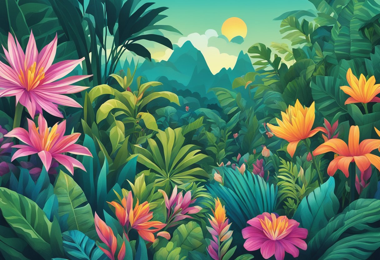 A colorful array of flowers and tropical plants, with vibrant hues and unique shapes, set against a backdrop of lush greenery