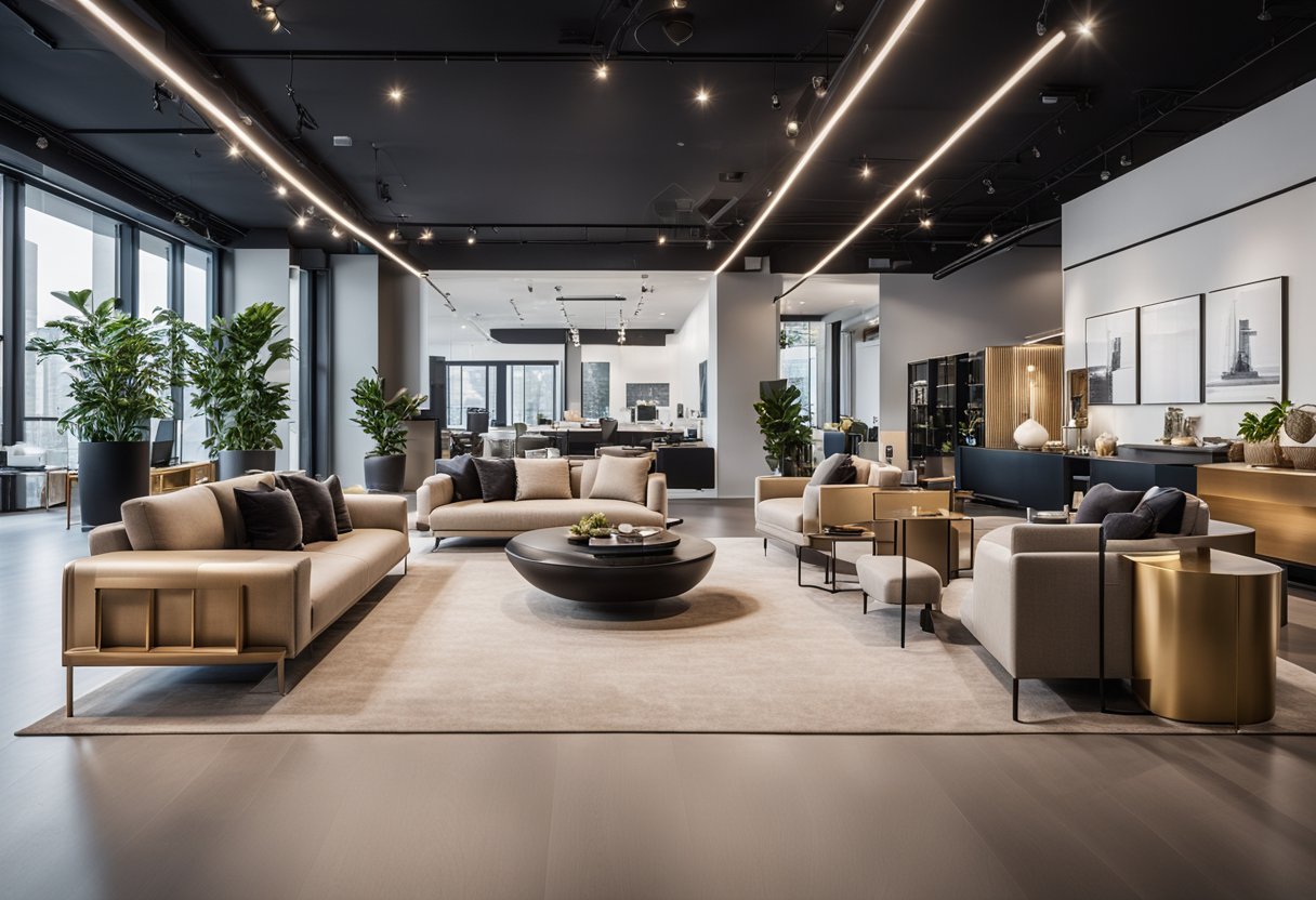 A spacious showroom with modern, elegant furniture displays. Clean lines, luxurious materials, and stylish designs create a sophisticated ambiance