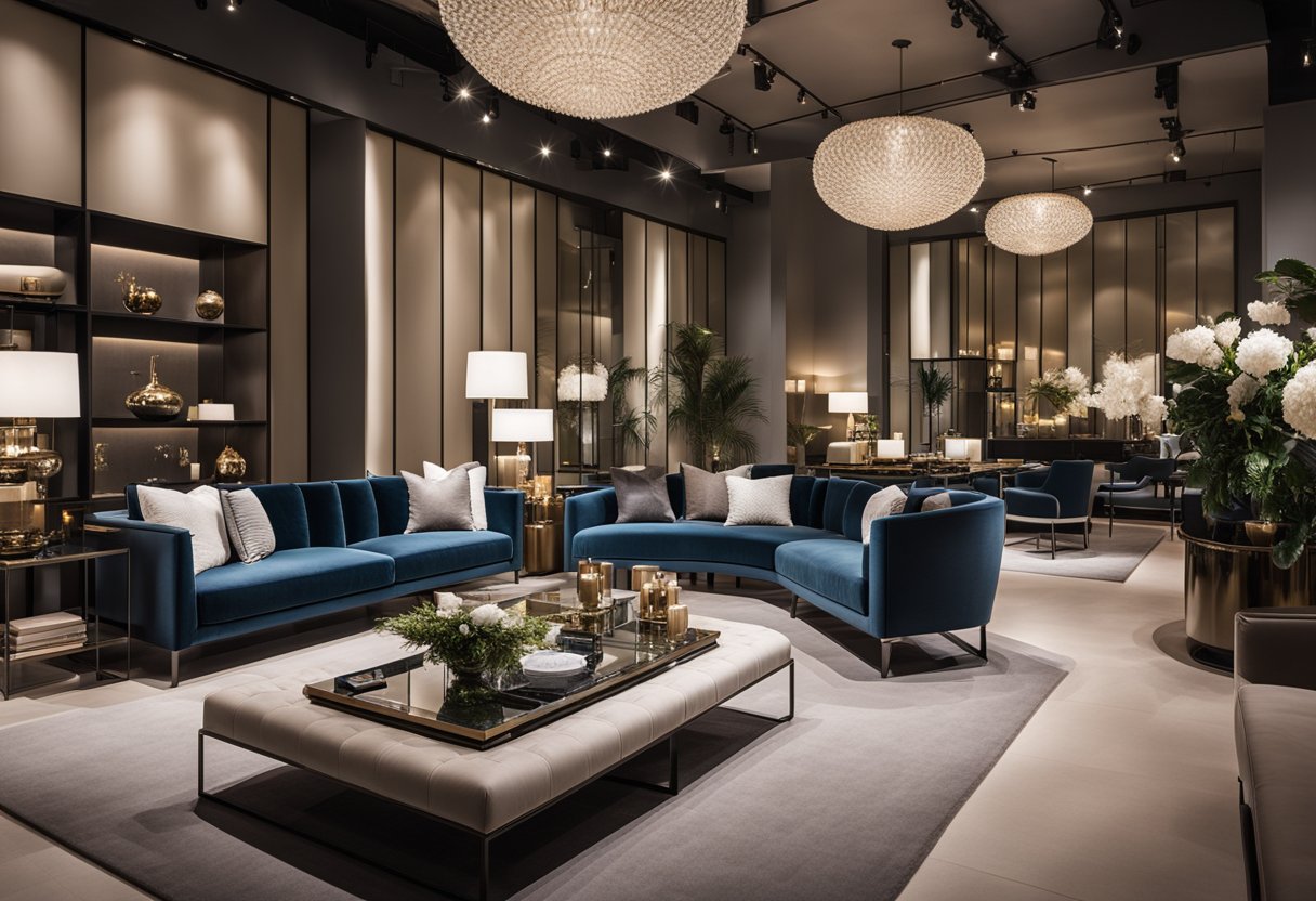A spacious, modern showroom filled with luxurious furniture displays. Soft lighting highlights the elegant designs, creating a sophisticated and inviting atmosphere