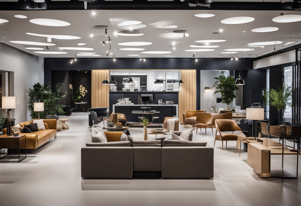 A modern showroom with sleek furniture displays, customers browsing, and staff assisting