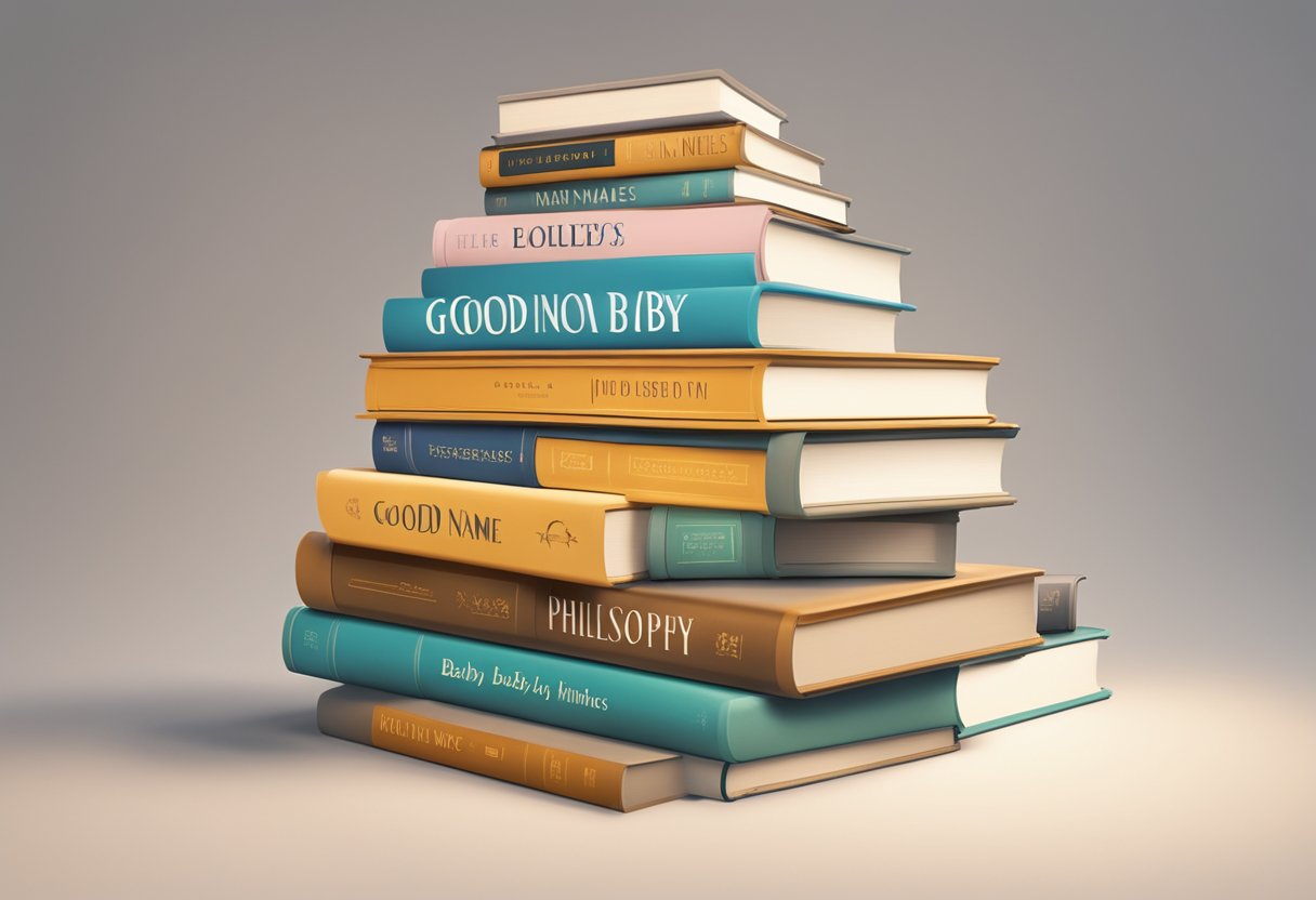A stack of books with "Good Names" and "philosophy baby names" titles