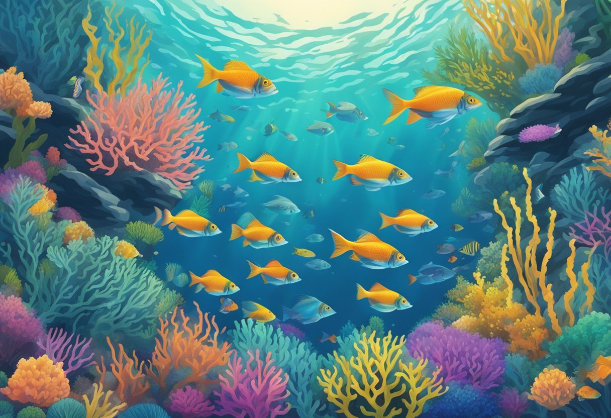 A school of vibrant, colorful fish swimming gracefully among swirling ocean plants and coral, creating a mesmerizing underwater scene