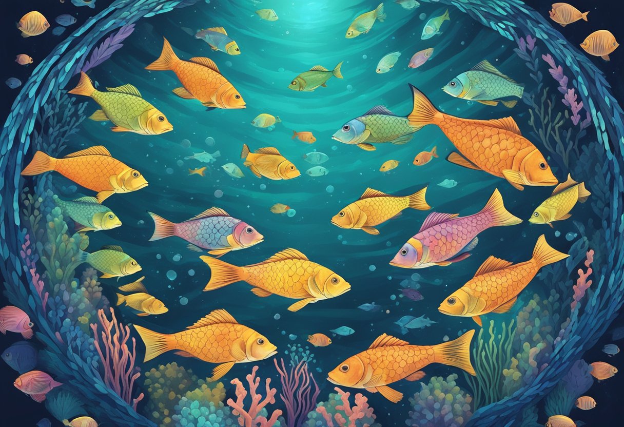 A school of colorful fish swimming in a circular motion around a glowing Pisces zodiac symbol