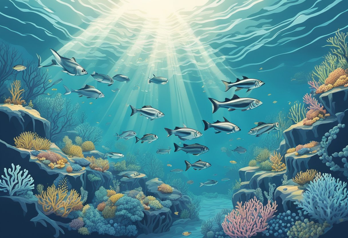 A serene underwater scene with a school of graceful fish swimming around a coral reef, surrounded by gentle waves and dappled sunlight