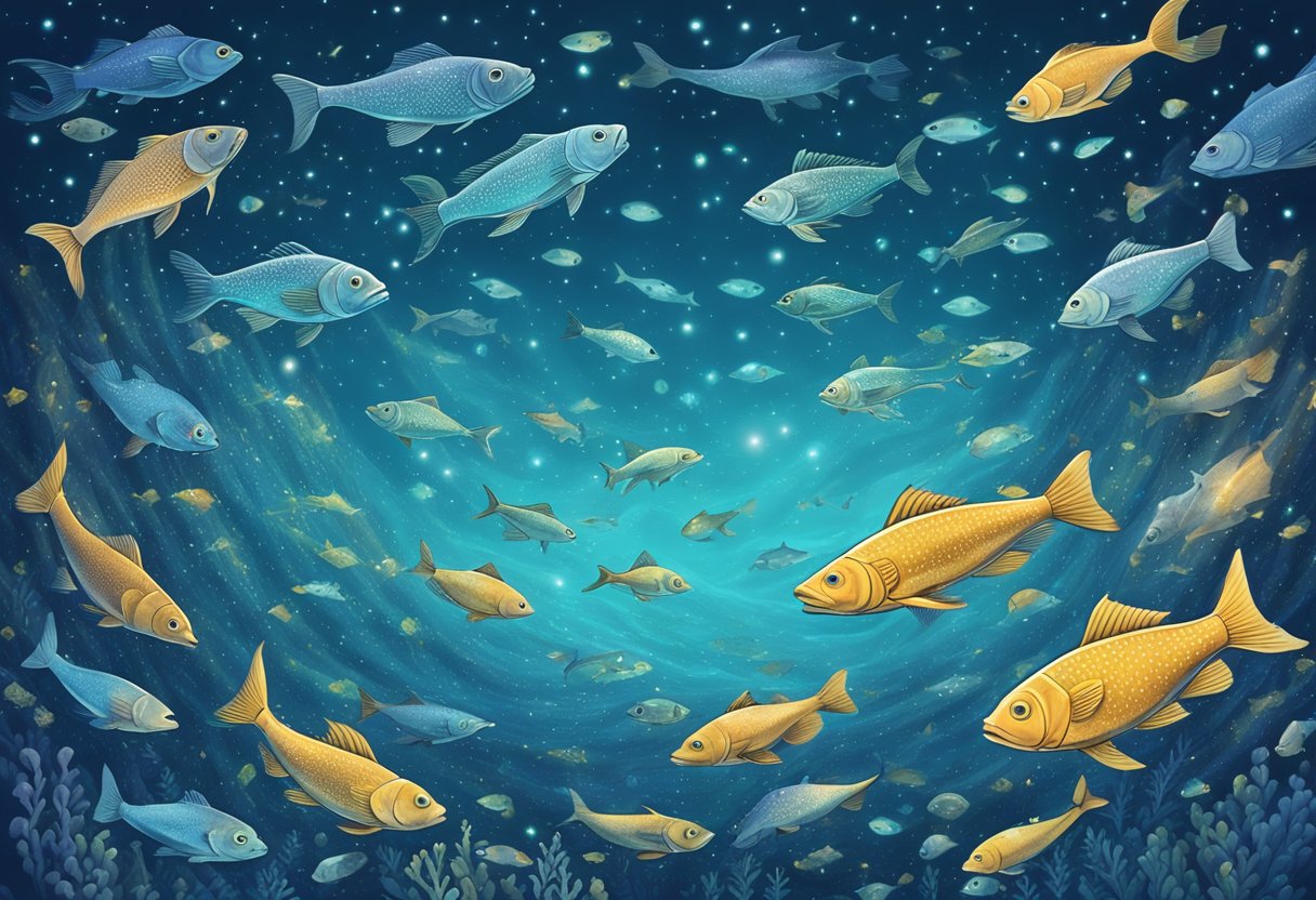 A school of fish swimming around a shimmering Pisces constellation, with names floating above in a dreamy, watery atmosphere