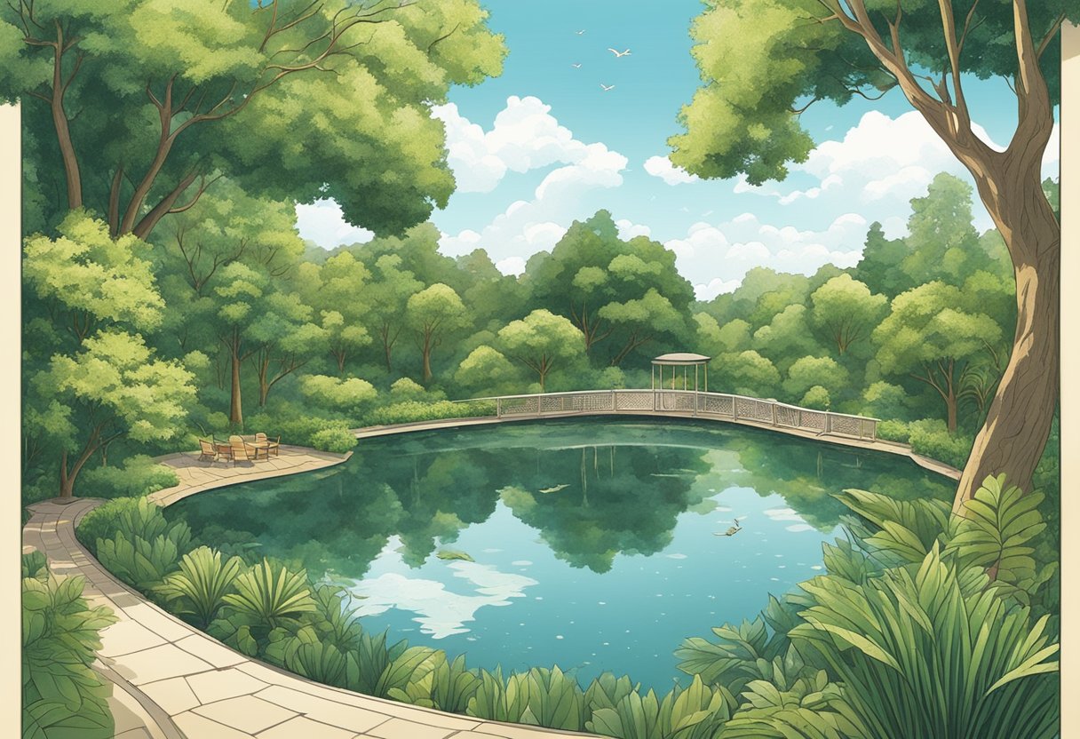 A tranquil pond surrounded by lush greenery, with a gentle breeze rustling the leaves and the sound of water flowing