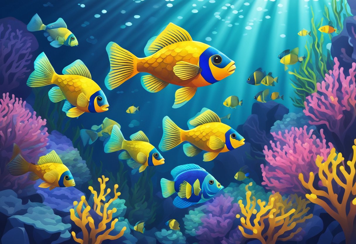 A school of colorful fish swimming gracefully in a sparkling, underwater world