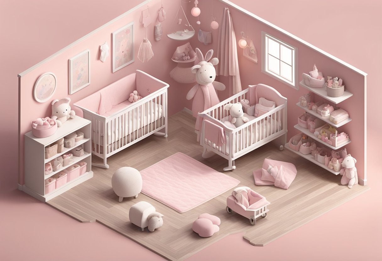 A nursery filled with soft pink hues and delicate baby items, from blankets to toys, creating a serene and cozy atmosphere