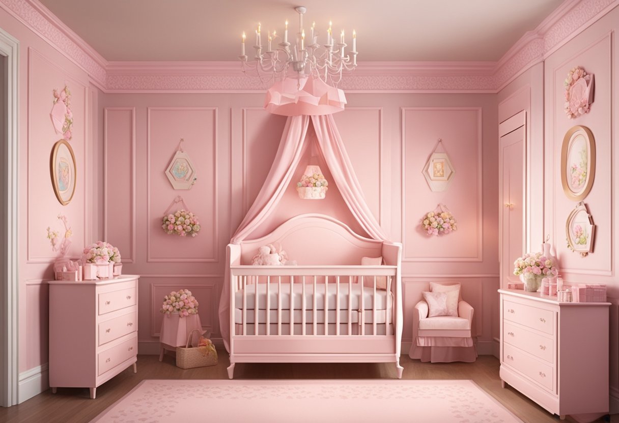 A soft pink nursery with a row of pastel name plaques on the wall, each adorned with delicate flowers and ribbons