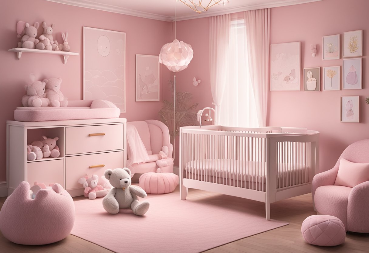 A pink nursery with soft blankets, plush toys, and delicate decor