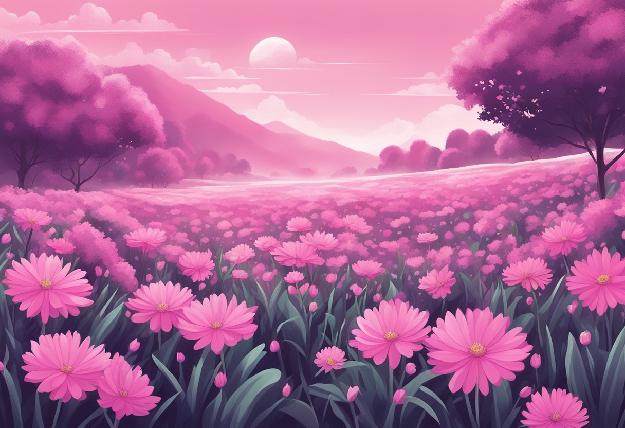 A field of blooming pink flowers with a gentle breeze blowing through, creating a soft and peaceful atmosphere