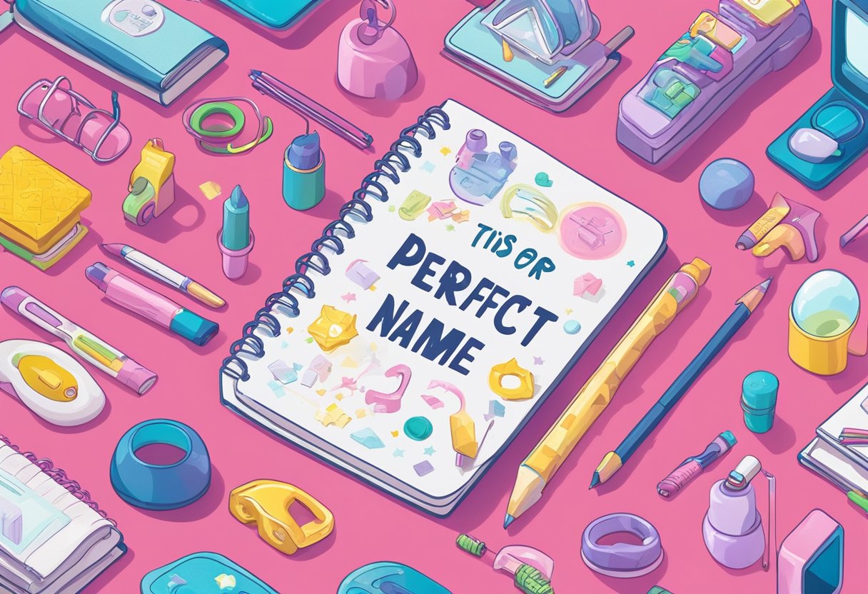 A colorful array of baby items surrounds a notebook with "Tips For Brainstorming The Perfect Name" written on it, with a focus on pink-themed names