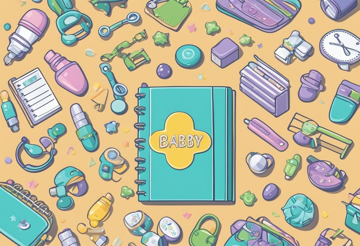 A colorful planner with "baby names" written on the cover, surrounded by various baby-related items like rattles, pacifiers, and baby clothes