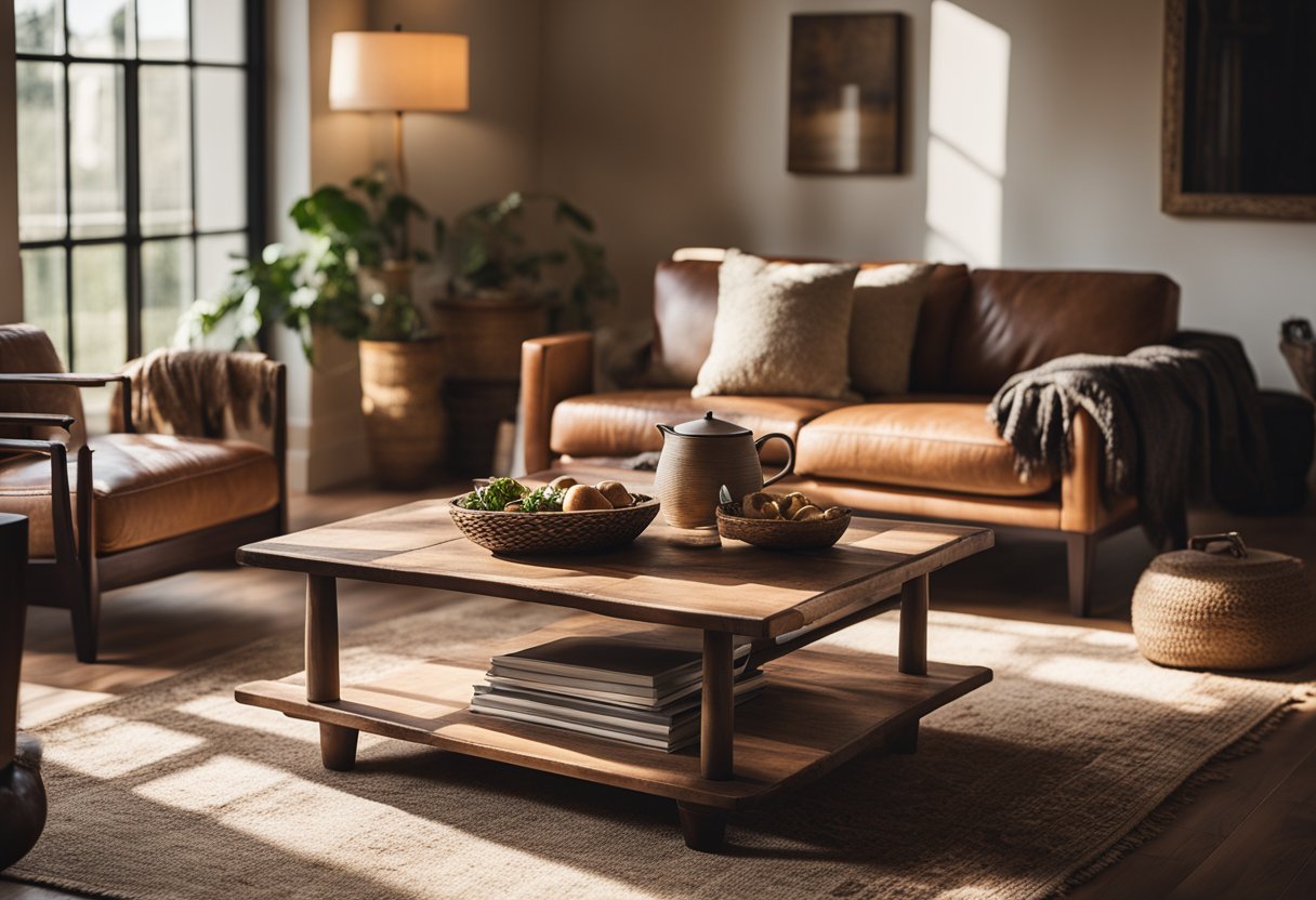 A cozy living room with a rustic wooden coffee table, a distressed leather armchair, and a vintage rug. Sunlight filters through the window, casting warm shadows on the earthy tones of the furniture
