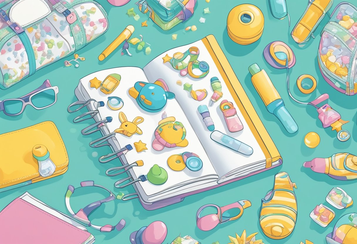 A colorful planner surrounded by baby-related items like toys, pacifiers, and baby bottles, symbolizing the process of brainstorming and choosing baby names