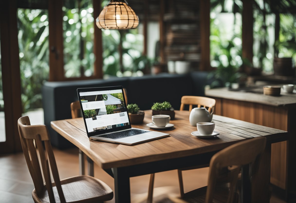 A rustic wooden table and chairs set in a cozy corner of a Singaporean home, with a stack of brochures and a laptop nearby