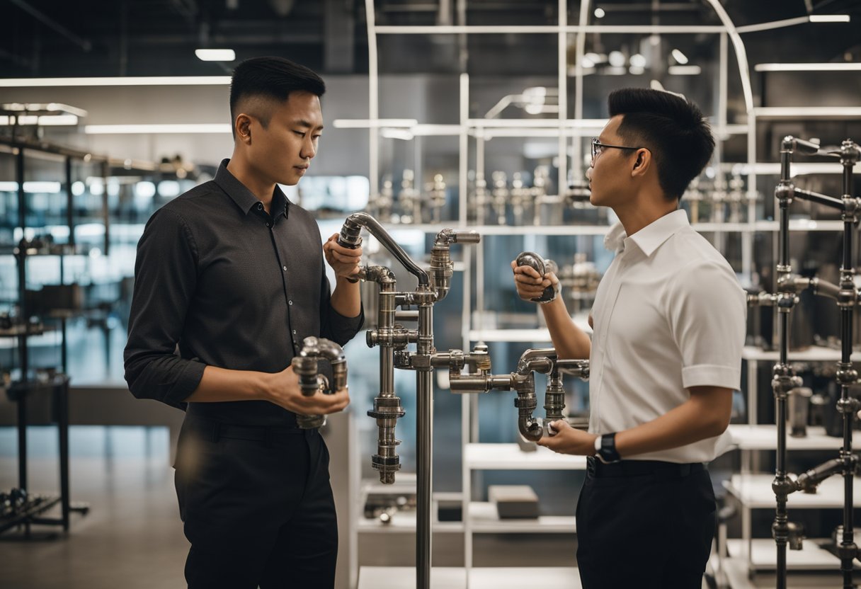 A person examines pipe furniture in a modern Singapore showroom