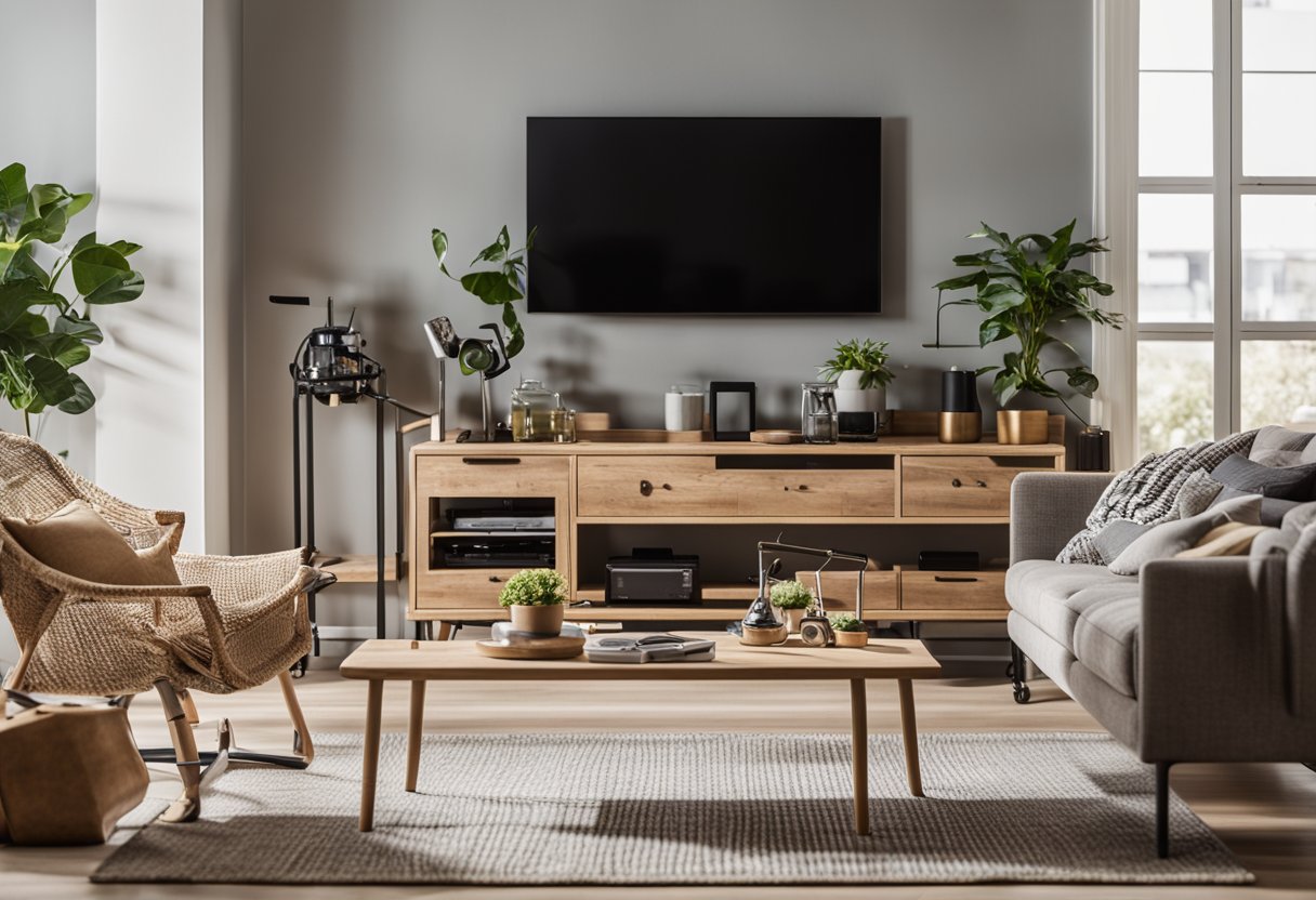 A cozy living room with a DIY pipe furniture set, including a coffee table, shelves, and a TV stand. The room is well-lit with natural light and features modern decor