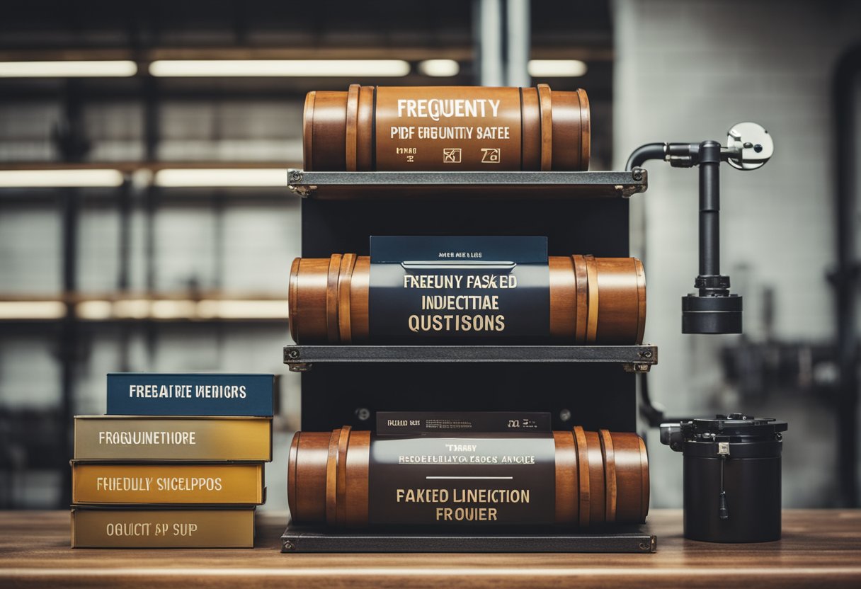 A stack of industrial-style pipe furniture with "Frequently Asked Questions" signage in a modern Singapore setting