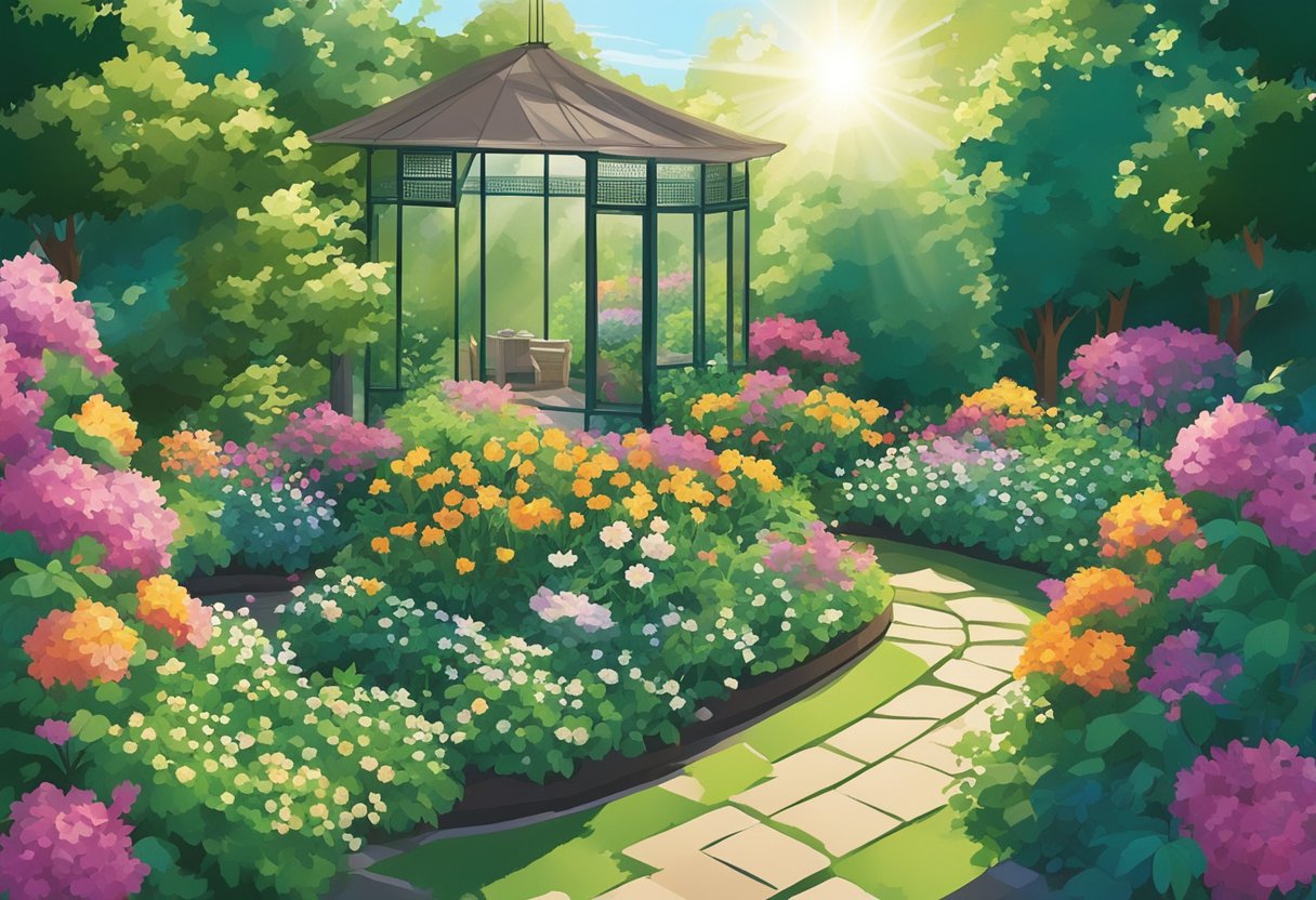 A garden filled with blooming flowers and vibrant greenery, with sunlight streaming through the leaves