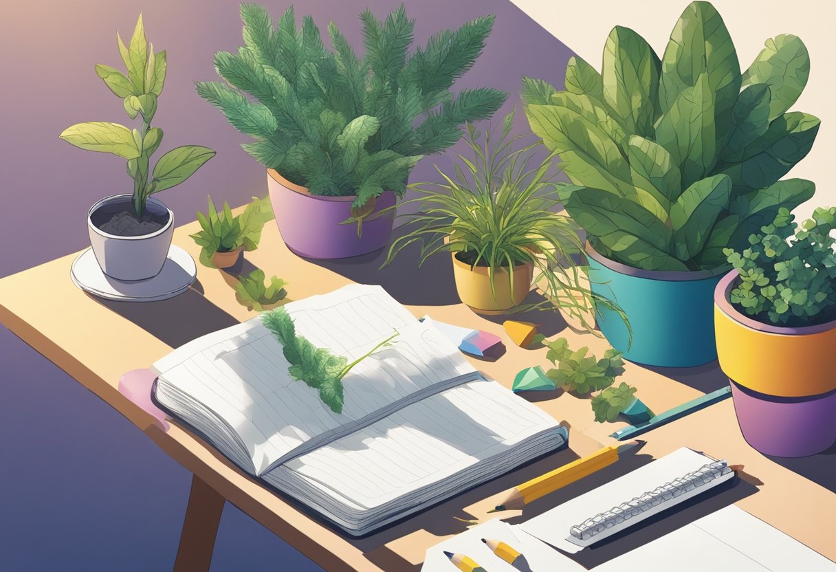 A colorful array of plants arranged on a table, with a notebook and pencil nearby for brainstorming