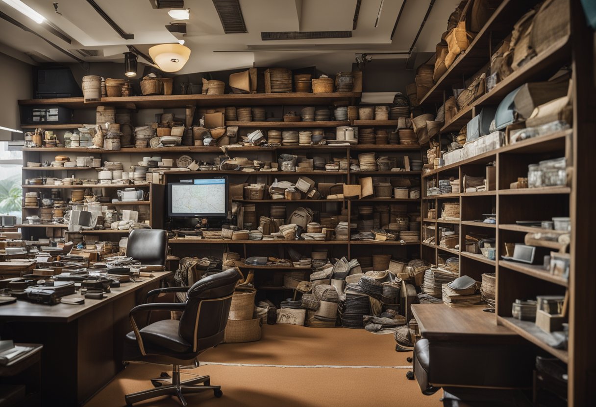 A cluttered room with worn-out chairs and tables, shelves filled with used items. A map of Singapore on the wall