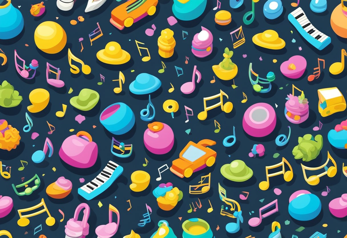 A colorful array of music notes and baby-themed items fill a playlist, including rattles, pacifiers, and plush toys