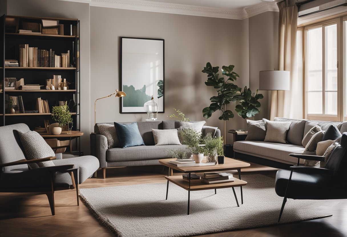 A cozy living room with a mix of vintage and modern furniture, including a comfortable sofa, a stylish coffee table, and a bookshelf filled with well-loved novels