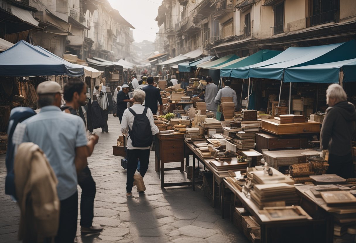 A bustling marketplace with various second-hand furniture displayed, expats browsing and vendors answering questions