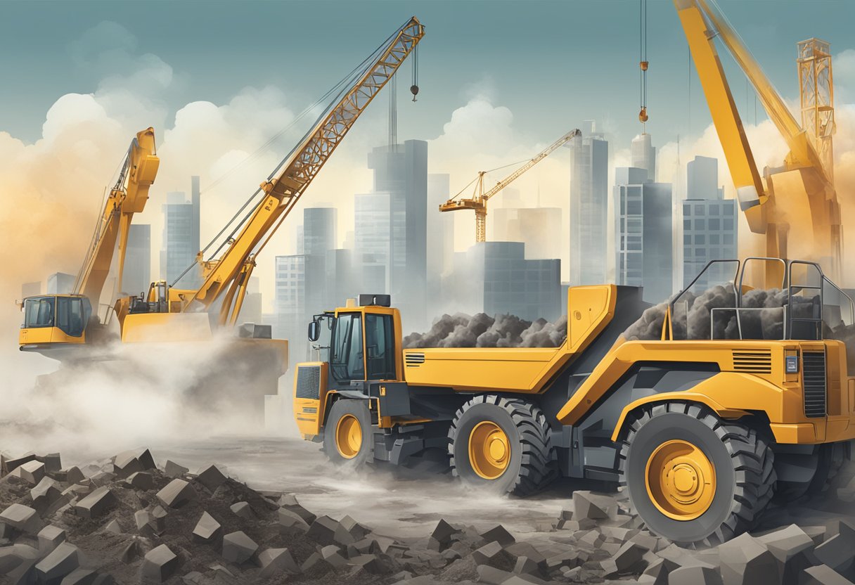 Construction emissions impact climate goals. Illustrate a polluted city skyline with construction machinery emitting smoke