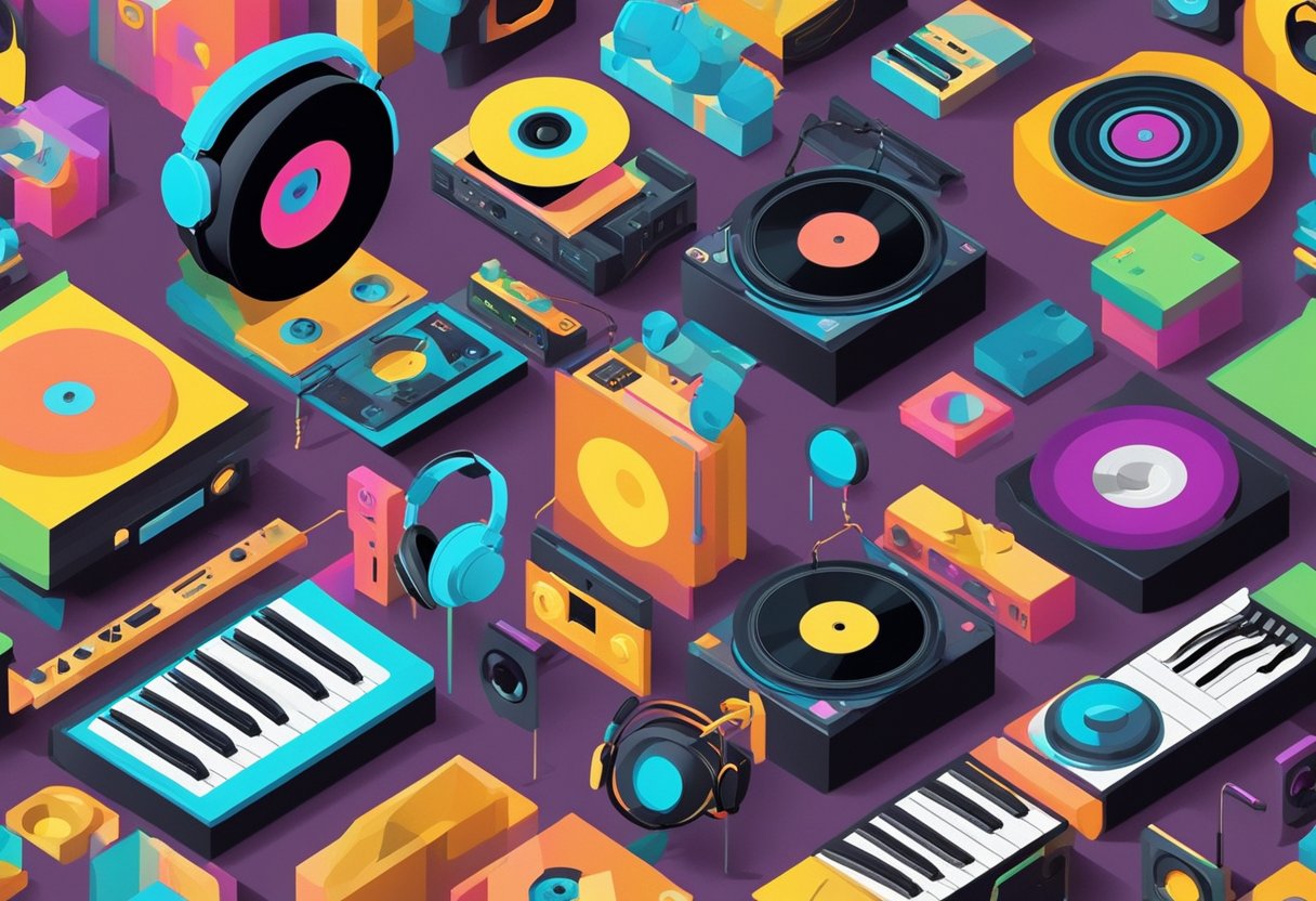 A colorful array of music icons and symbols, like headphones, notes, and vinyl records, arranged in a playful and dynamic composition