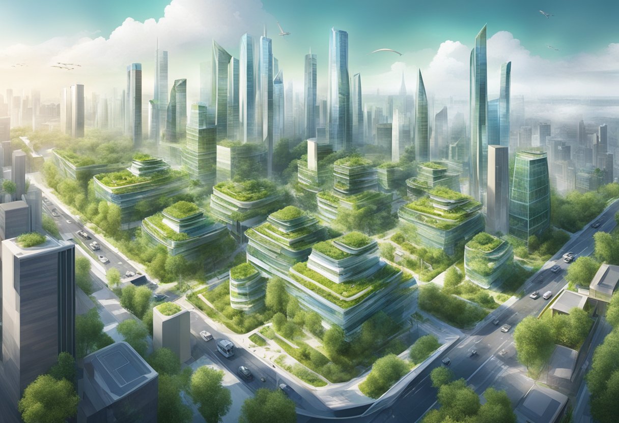 A futuristic cityscape with sustainable buildings and green infrastructure, showcasing the construction industry's climate goals for 2045