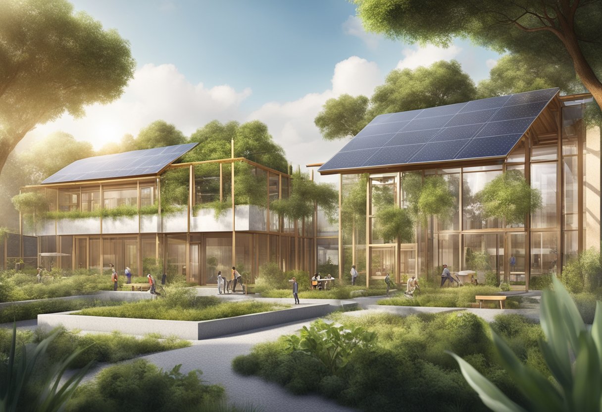 A construction site with eco-friendly materials, solar panels, and green spaces. The focus is on sustainability and climate goals in the building industry