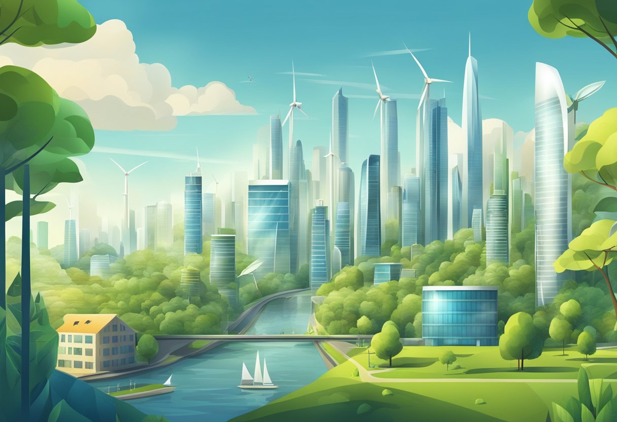 A futuristic city skyline with sustainable buildings and renewable energy sources