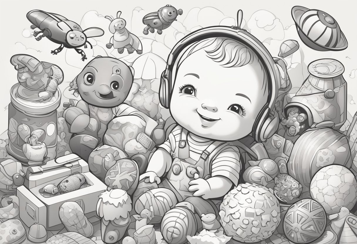 A baby surrounded by various prank props, such as whoopee cushions, fake bugs, and joy buzzers, with a mischievous smile on their face