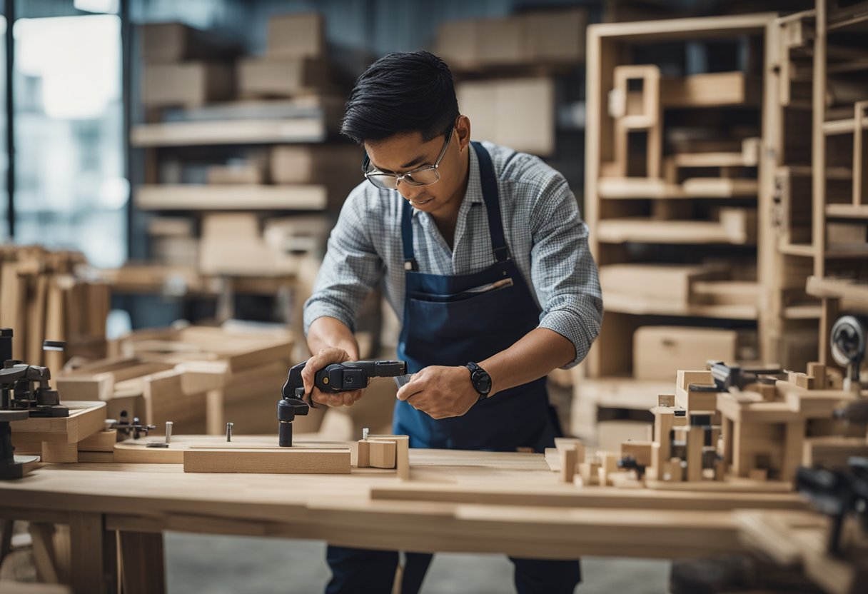A carpenter assembling furniture in a workshop in Singapore, surrounded by tools and materials, with a sign reading "Frequently Asked Questions" in the background