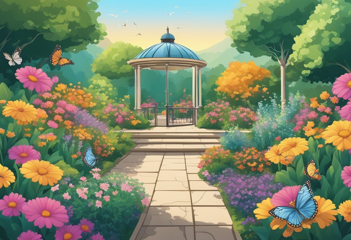 A beautiful garden with colorful flowers and butterflies fluttering around, a gentle breeze blowing through the air