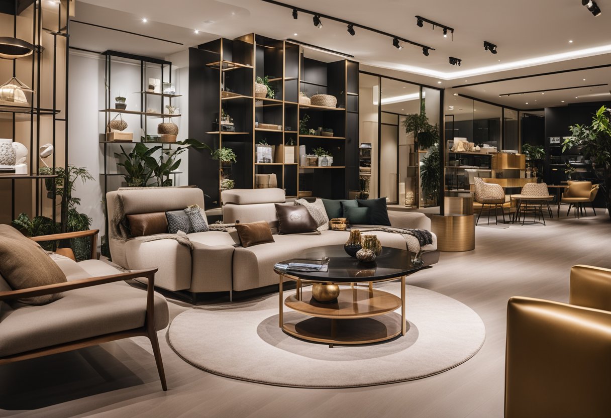 A bustling furniture showroom with sleek displays and cozy setups, showcasing Sin Eng Soon's latest collection in Singapore