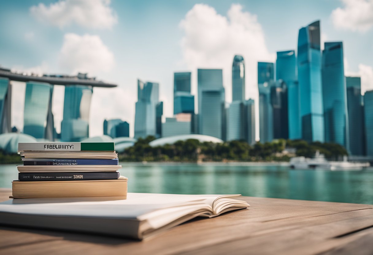 A stack of furniture catalogs with "Frequently Asked Questions" on top, set against a backdrop of the Singapore skyline