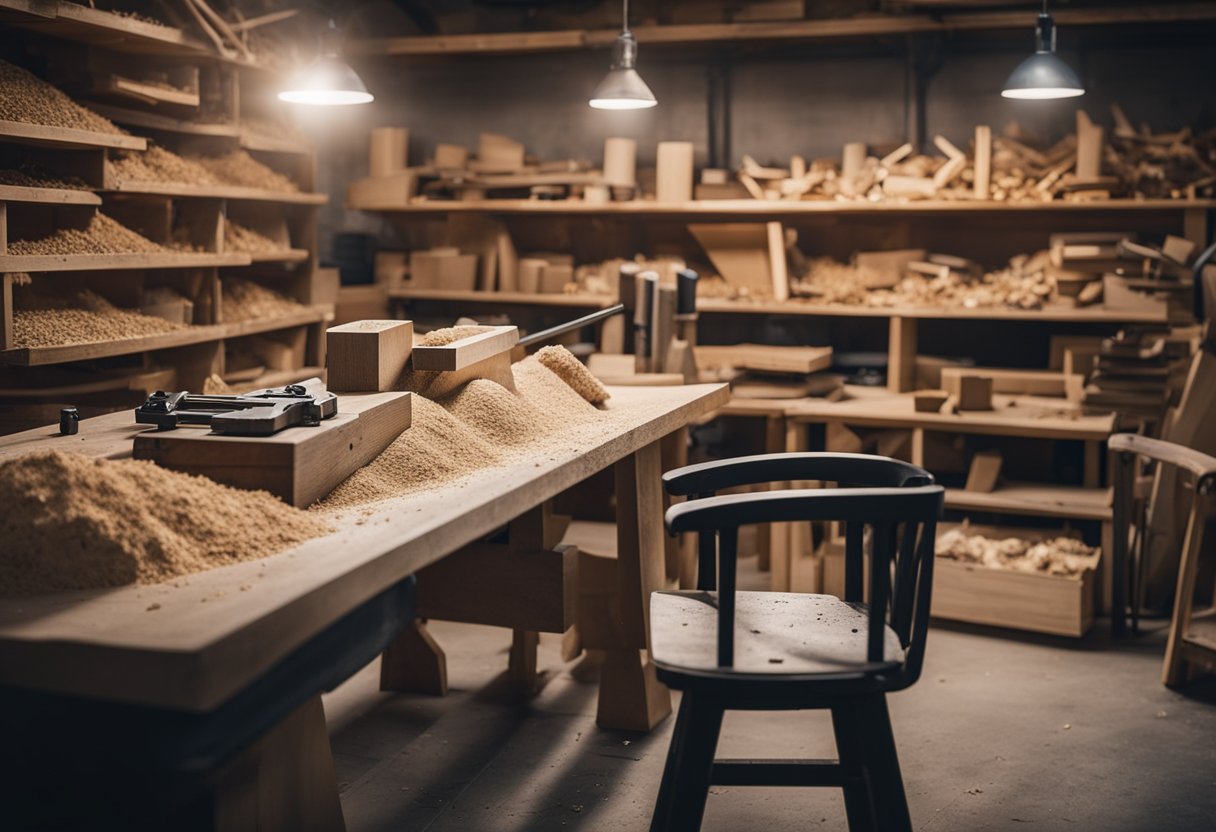 A cluttered workshop with sawdust, wood shavings, and various woodworking tools. A workbench with a partially assembled chair and shelves of raw materials