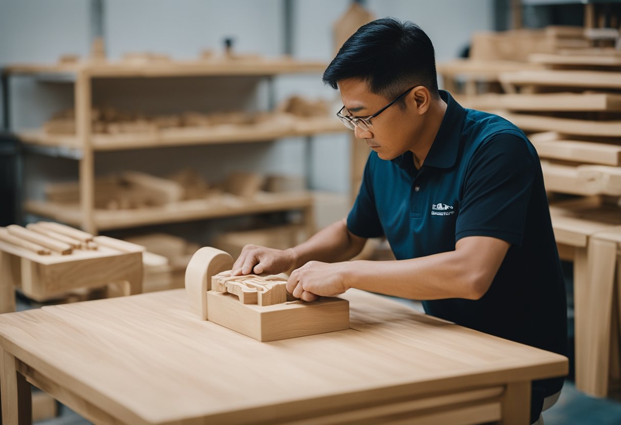 A woodworking instructor demonstrates how to carve intricate designs on a wooden chair in a Singapore furniture making class